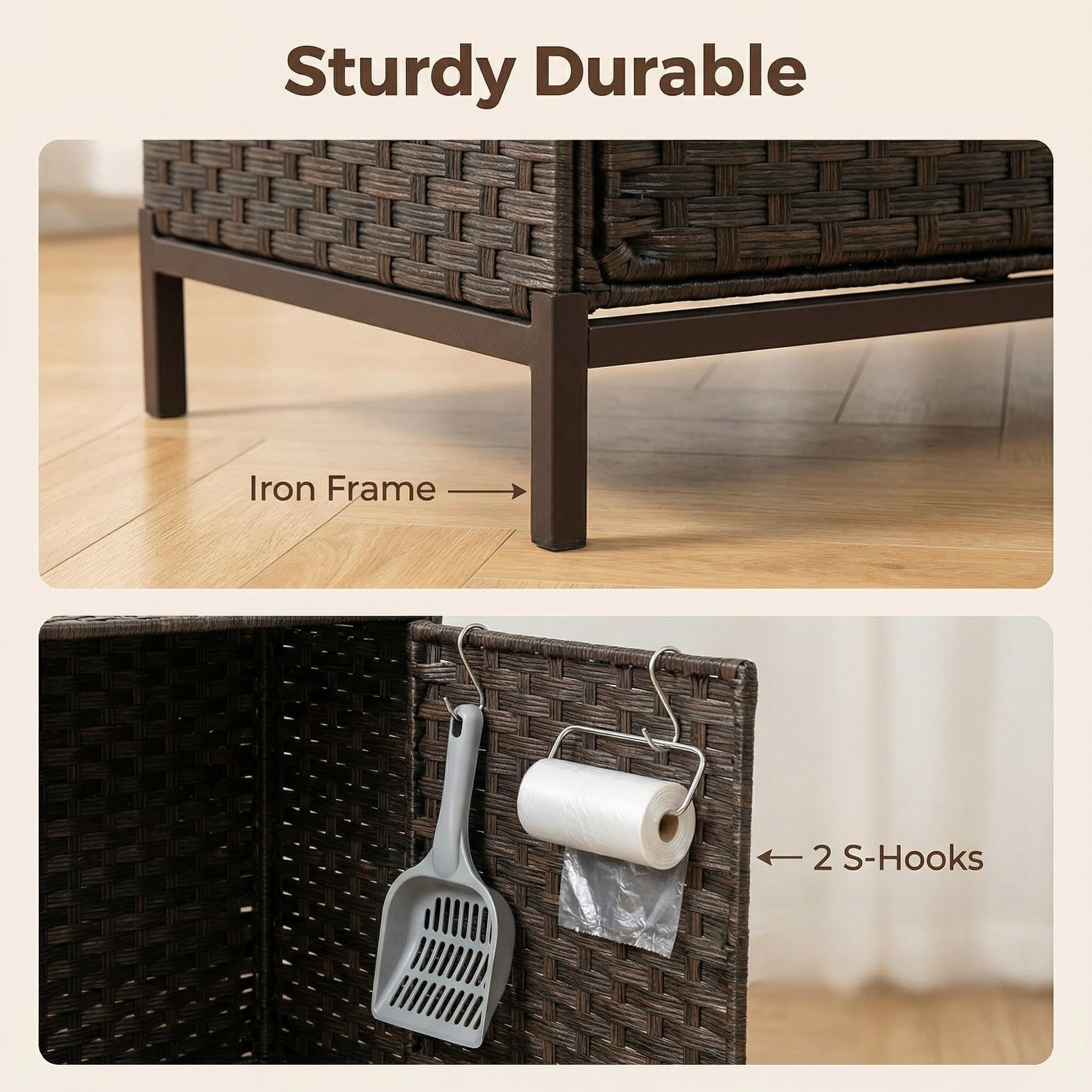 Rattan Double Cat Litter Box Enclosure - Hidden Cabinet for 2 Cats with Removable Mat, Play Game & S-Shaped Hooks - Large Decorative Cat Washroom Furniture for Living Room or Bedroom - Brown