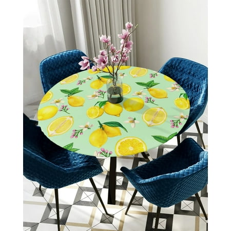 

Round Fitted Tablecloth Summer Lemon Flower Elastic Edged Table Cover Protector Cloth Waterproof Polyester Rectangle Table Cover 45 -50