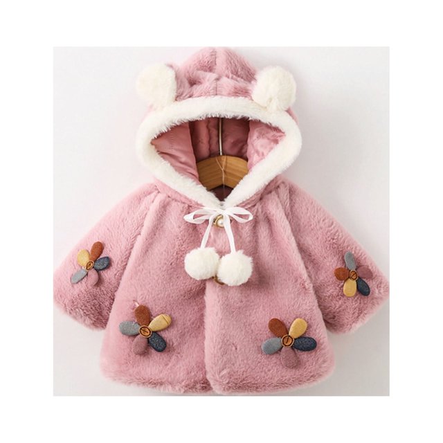 Herrnalise - Sudadera con capucha de invierno para niñas pequeñas, color sólido, con orejas de conejo y flores lindas, abrigo grueso