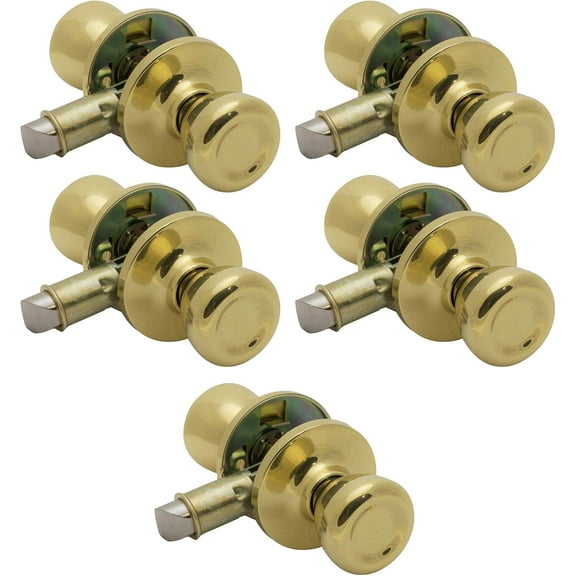 5 Pack of Pro-Grade Classic Mobile Home Passage Door Knob Hall and Closet Handle, Polished Brass
