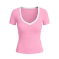 thumbnail image 4 of ZUKMRJPC Women Short Sleeve Tops V Neck Color Block Knit Slim Fitted Basic Tee Shirt Summer Casual Clothes Tight Going Out Outfits, 4 of 5