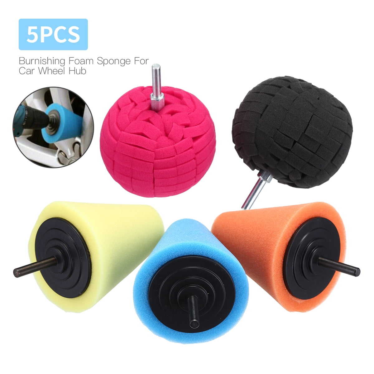 5Pcs Burnishing Foam Sponge Polishing Cone Ball Buffing Pad Car Wheel Hub Cleaner Set