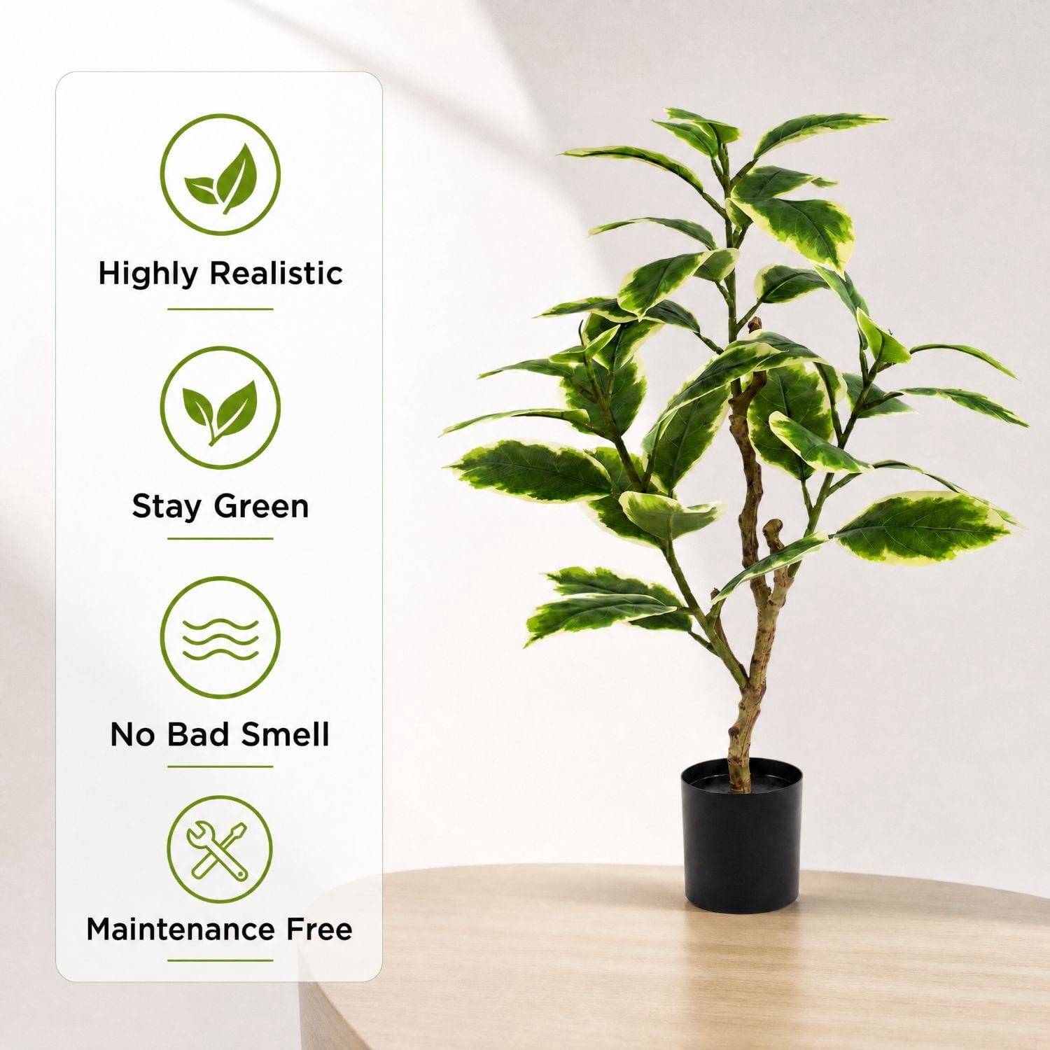 Easy4Home 3FT Artificial Variegated Rubber Plant Faux Ficus Elastica Tineke Tree Potted Indoor Floor Plant - Ready to Display