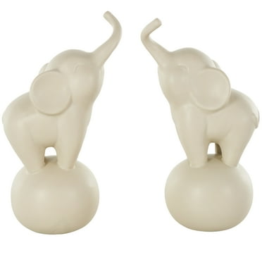 6"W, 11"H White Ceramic Trumpeting Elephant Sculpture with Round Base, by DecMode (2 Count)