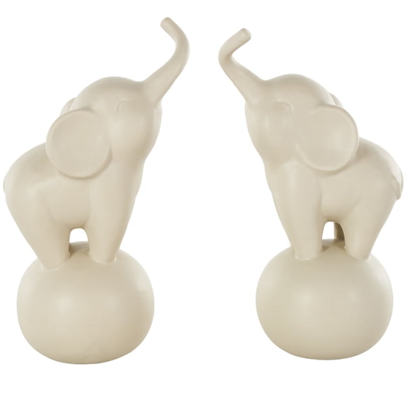 6"W, 11"H White Ceramic Trumpeting Elephant Sculpture with Round Base, by DecMode (2 Count)