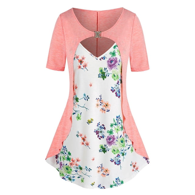 Tallas de talla grande Impresión de flores D anillos 2 en 1 camiseta Rosegal Camisetas tallas grandes