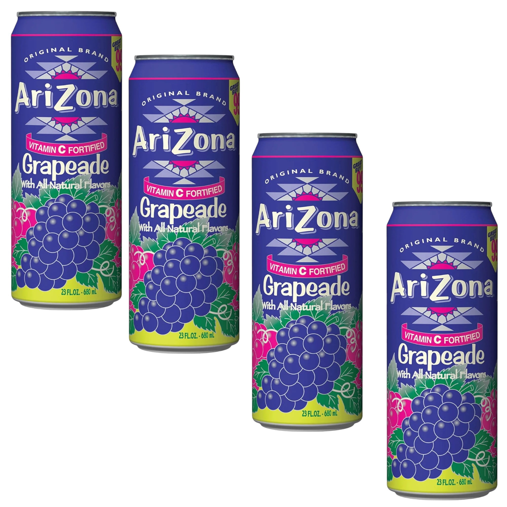 AriZona Grapeade, Grape Flavored Beverage, 4 Pack, 23 oz Cans