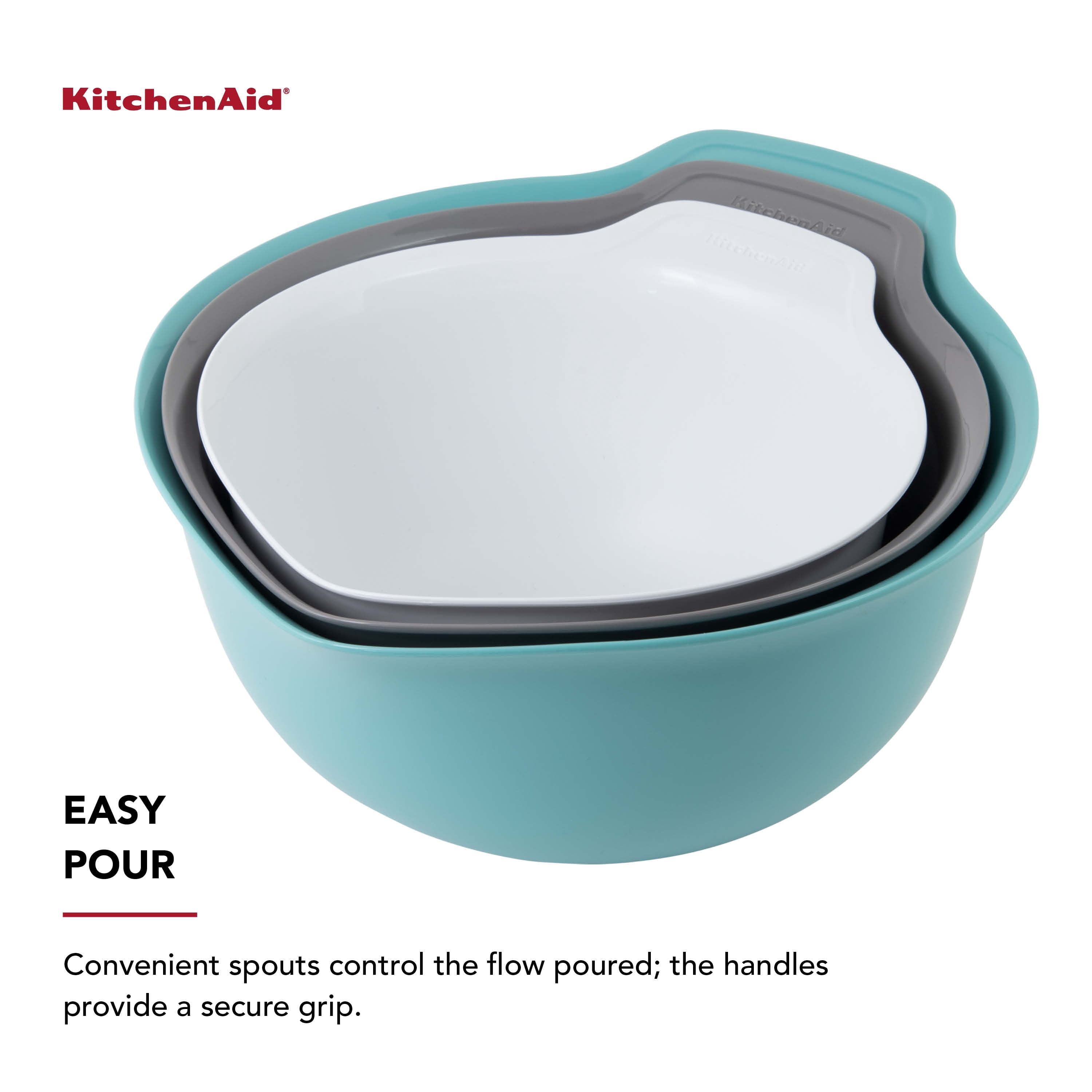 KitchenAid Universal Set of 3 Plastic Mixing Bowls Aqua Blue, Gray and White