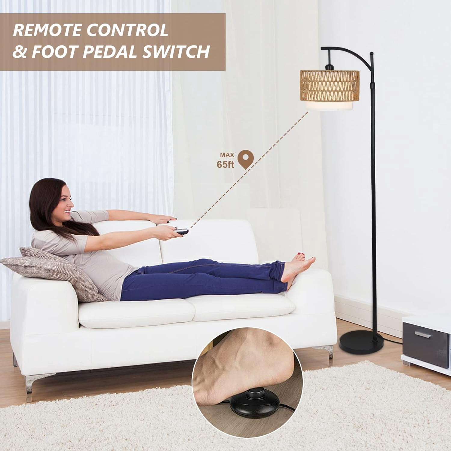 Arc Floor Lamp with Rattan and Fabric Shades, Dimmable, Remote Control, Adjustable Height