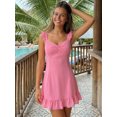 thumbnail image 4 of Vestido corto de verano para mujer, color liso, ribete de encaje, mangas acampanadas, escote en V, corte en A., 4 of 9