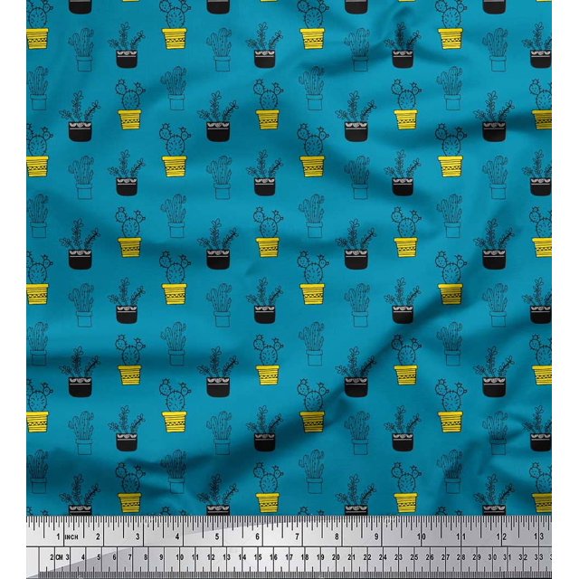 Soimoi Blue Velvet Fabric Cactus Leaves Print Fabric by the Yard 60 Inch Wide
