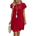 thumbnail image 2 of Women's Summer Dresses Ruffle Sleeve Round Neck Loose Swing Sundresses with Pockets Plain/Print Red S, 2 of 7