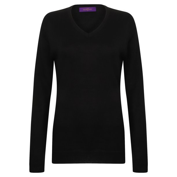 Henbury - Jersey de acrílico efecto cachemir con cuello en V de manga larga para mujer (Negro)
