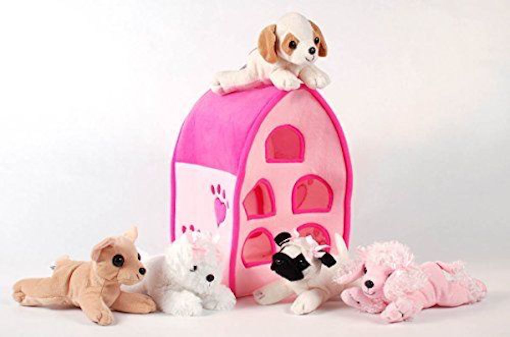 Plush Pink Dog House with Dogs Five (5) Stuffed Animal Dogs in Pink