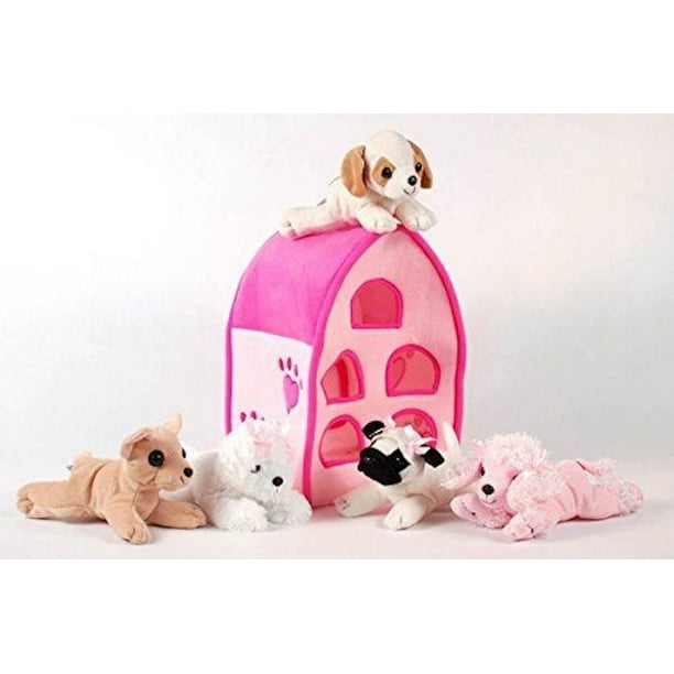 Plush Pink Dog House with Dogs Five (5) Stuffed Animal Dogs in Pink