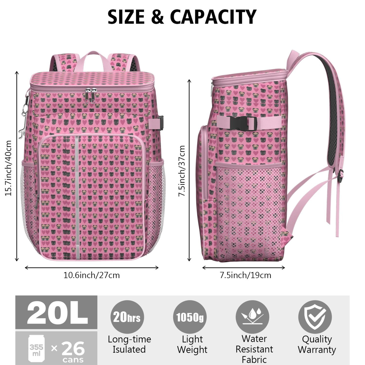 Travel Cooler Bag - Pink Pug Puppies Camping Beer Cooler Backpack with Bottle Opener- Waterproof Insulated Picnic Backpacks - Cooler Bag for Beach