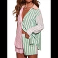 thumbnail image 2 of Conjunto Deportivo Informal de 2 Piezas para Mujer: Camisa de Larga A Rayas y Mini Shorts Holgados de Cintura Alta Rosa Verde S, 2 of 10