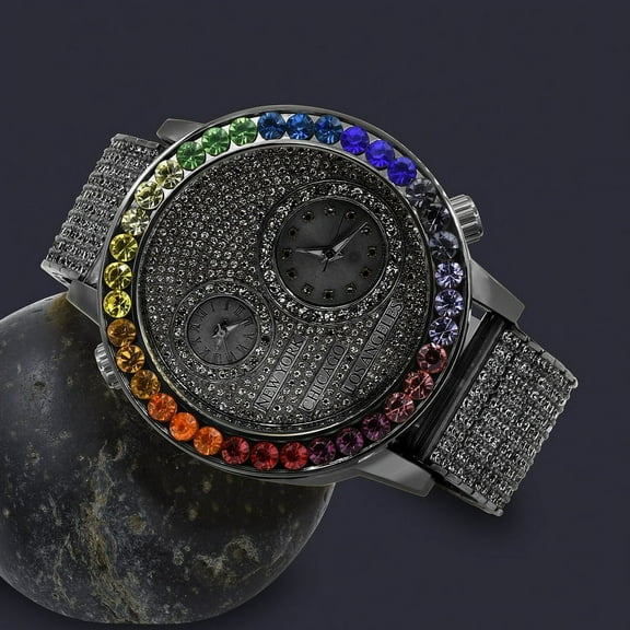 Solitaire Rainbow Multi Tone Chronograph Diamond Dial Men's 18K Black Gold Flower Bezel Band Custom Watch Analog 45mm W/Date