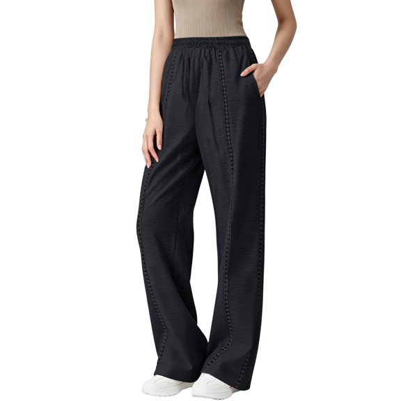 Lmueinov Wide Leg Pants for Women High Waist Hollow Out Striped Tape Loose Trousers with Pocket Women Trendy 2026 Business Casual Outfits