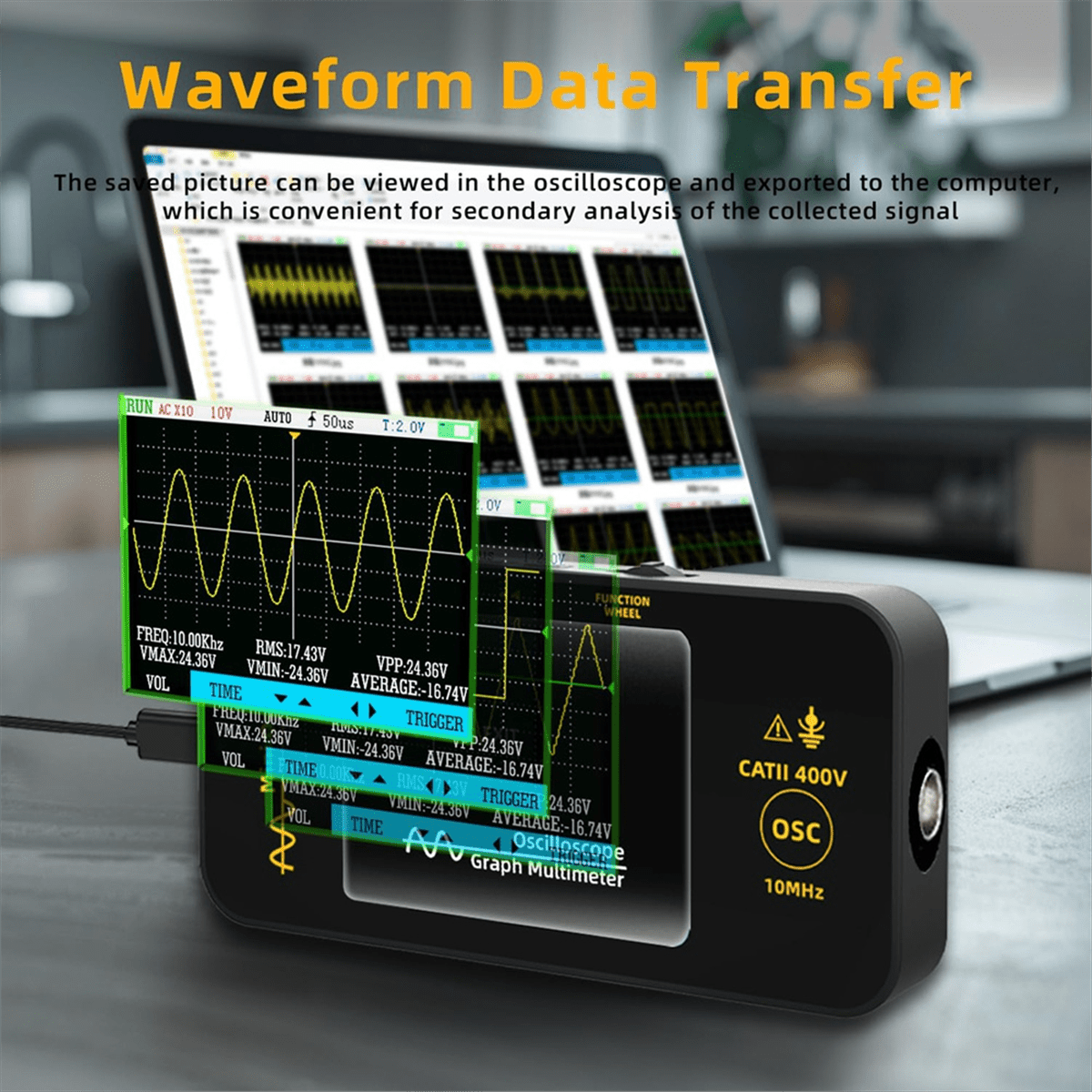 Handheld Oscilloscope 3.2Inch TFT Display 10MHz Bandwidth Automotive Oscilloscope 48MSa/S Sampling Rate Trigger Function