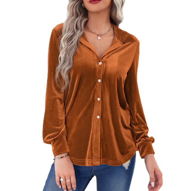 VISgogo, camisas de terciopelo salvaje a la moda para mujer, blusas de manga larga con cuello vuelto de Color sólido, blusas informales con botones para primavera y otoño VISgogo moda