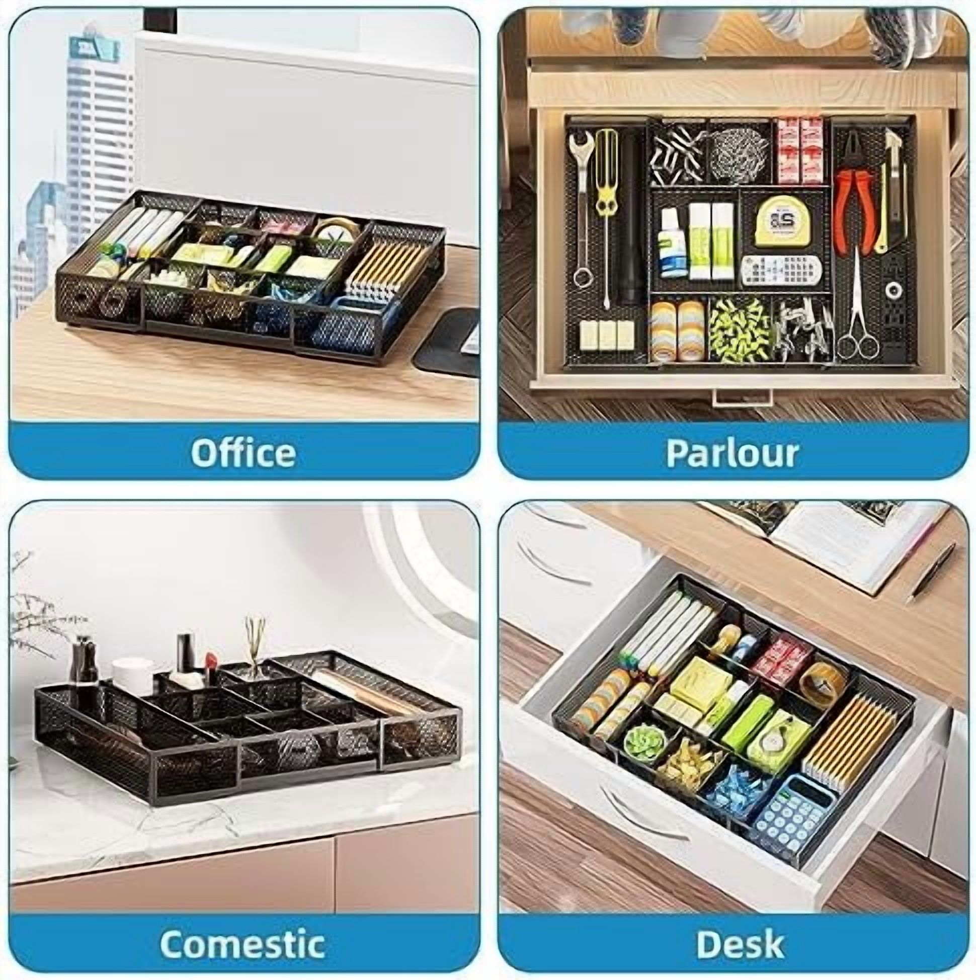 Expandable Desk Drawer Organizer, Mesh Drawer Organizer Tray with 10 Adjustable Compartments, Desk Organizers and Accessories, 5 Dividers Drawer for Office Supplies, Makeup & Vanity (Black)