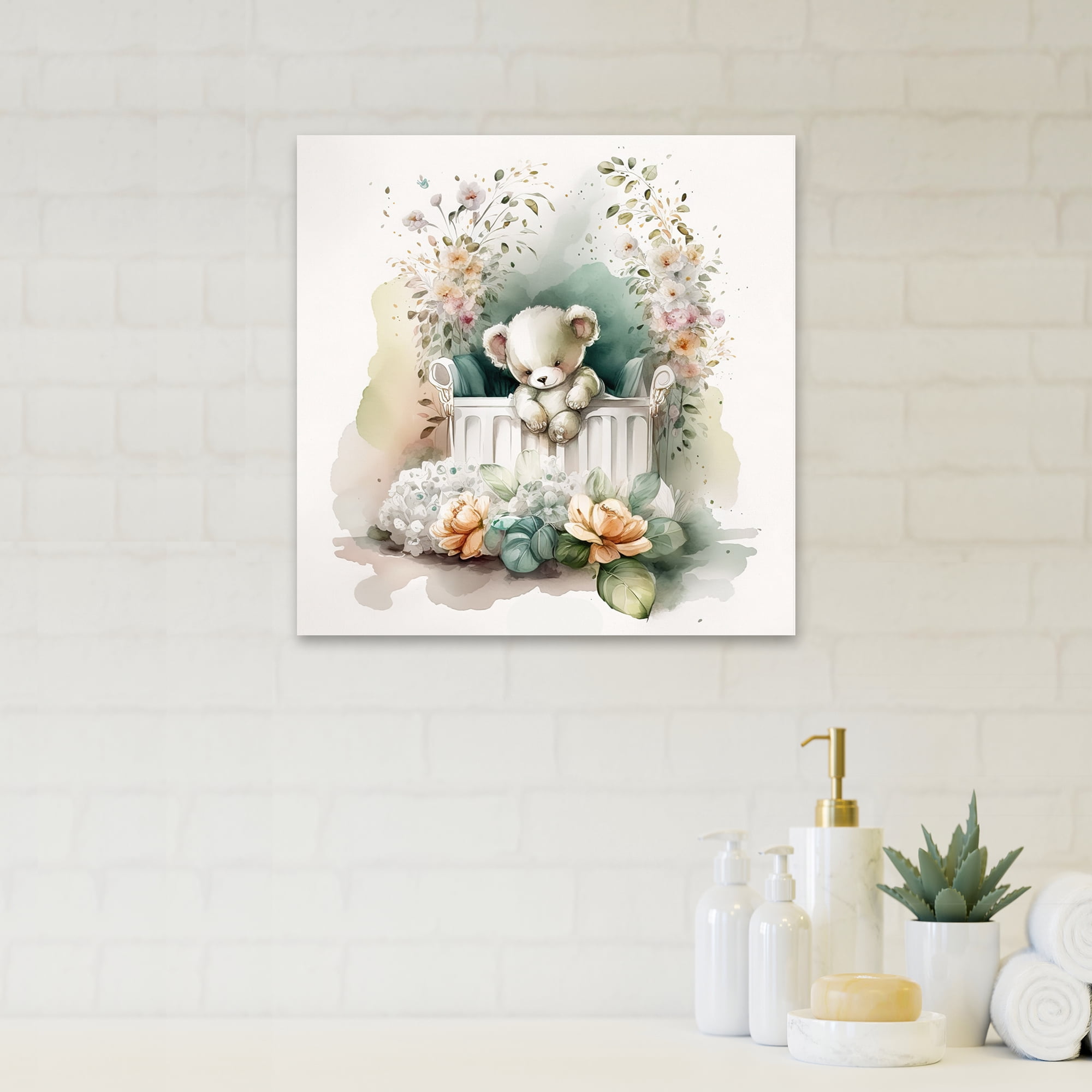 Designart Teddy Bear In Crib With Flowers I Canvas Wall Art
