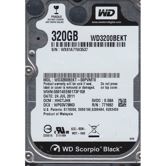 WD3200BEKT-00PVMT0, DCM HHCTJHK, Western Digital 320GB SATA 2.5 Hard Drive