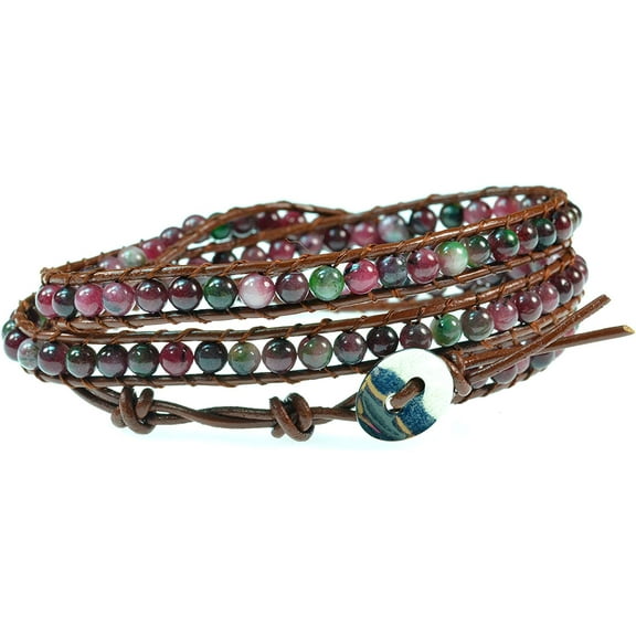 Handmade 26" Pink Rose Green Agate in Genuine Brown Leather Wrap Bracelet, 4mm