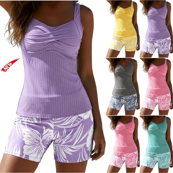 Taqqpue Tankini Swimsuits for Women 2 Piece, Color Blocked Swimsuit, Twist Front Push Up Tankini Top with Boyshorts