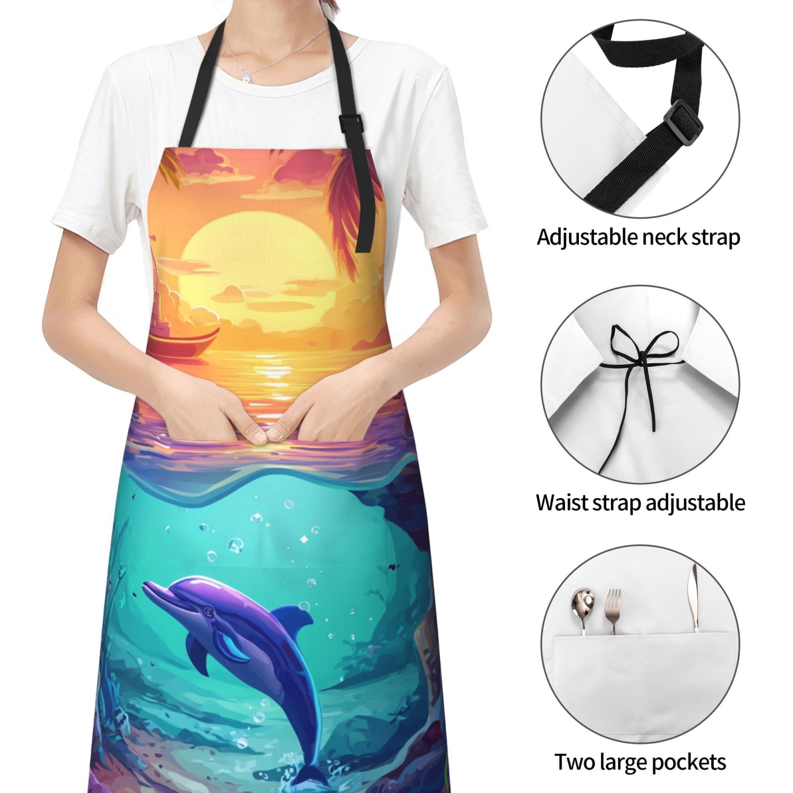 Kdxio Hawaiian Island Dolphin Apron with Pockets Adjustable Kitchen Aprons for Men Women Waterproof Aprons for Cooking,Drawing,Crafting, Baking Household Cleaning