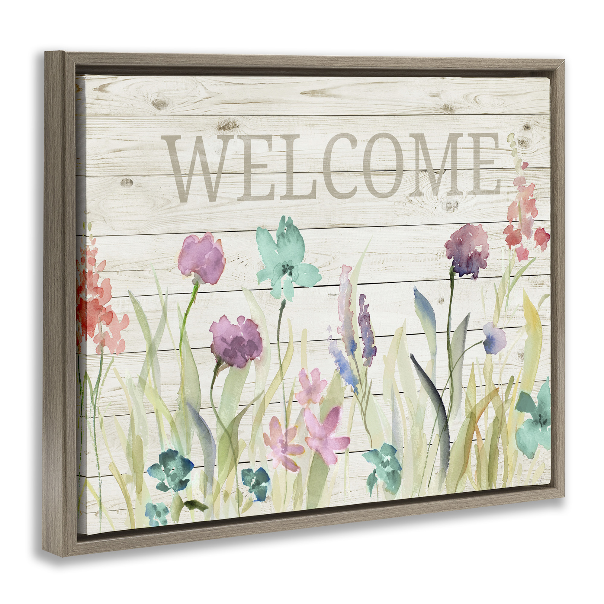 Stupell Industries Welcome Sign Spring Wildflowers Botanical & Floral Painting Brown Floater Framed Canvas Art Print Wall Art, 31 x 25