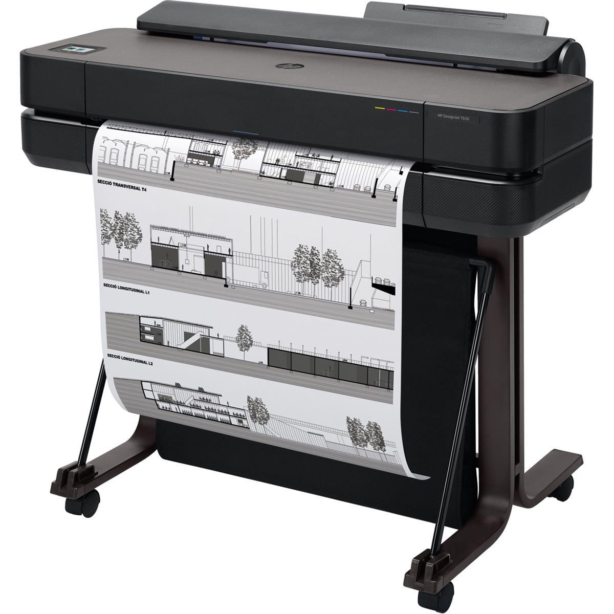 HP DesignJet T650 Large Format 24-inch Plotter Printer with Auto Sheet Feeder, Roll Cover, Media Bin & Stand. Includes 2-Year Onsite Warranty Support (5HB08T)
