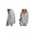 thumbnail image 3 of Womens V Neck 2 Piece Outfits Casual Loose Fit Long Sleeve Top and High Waisted Shorts Lounge Sets Light Gray L, 3 of 6