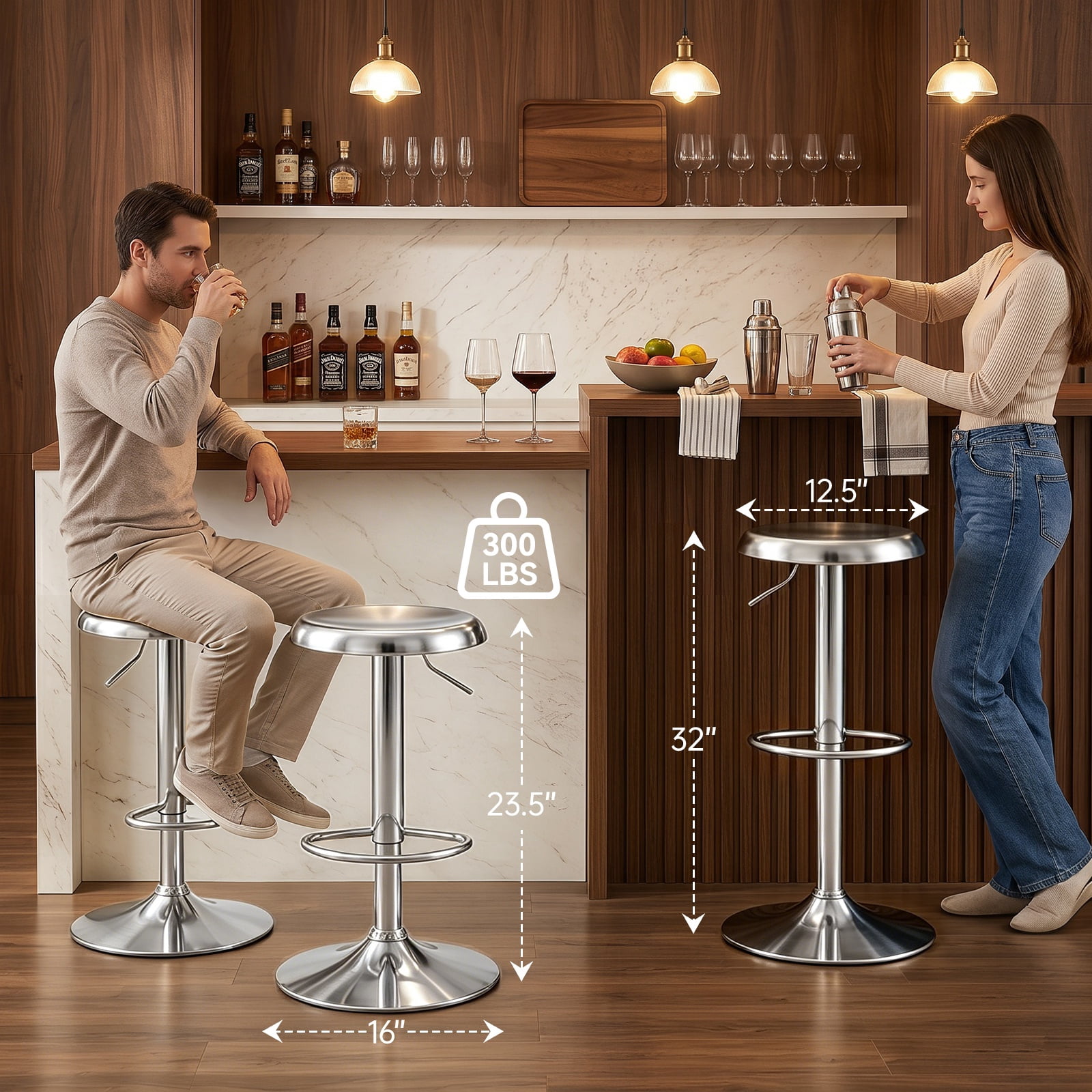 Single Silver Bar Stool, Adjustable 360° Swivel Counter Height Bar Stool, Industrial Backless Metal Bar Chair for Kitchen Island with Footrest