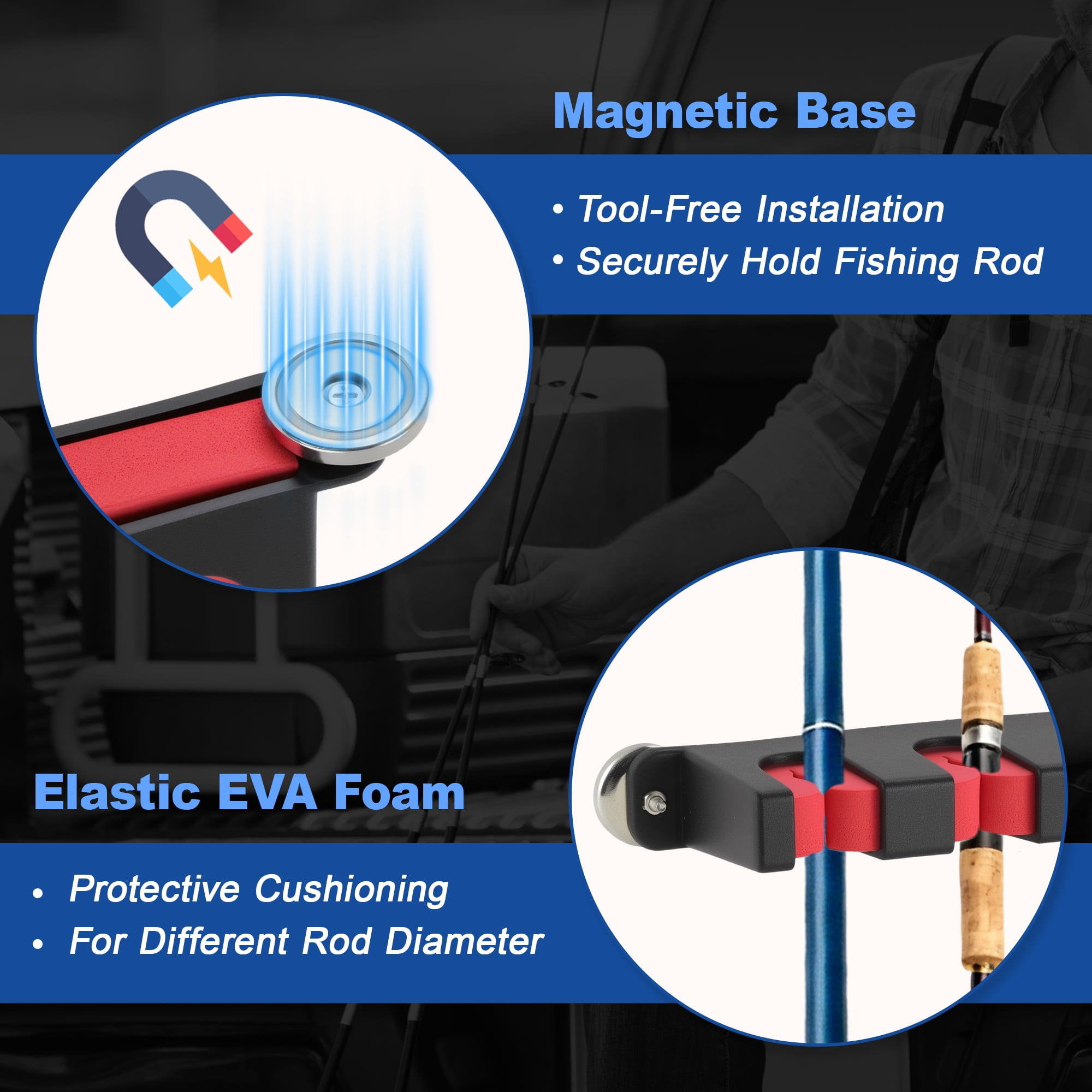 Unique Bargains Magnetic Fishing Rod Holder for Car Black + Red 4 Rods 2 Pcs