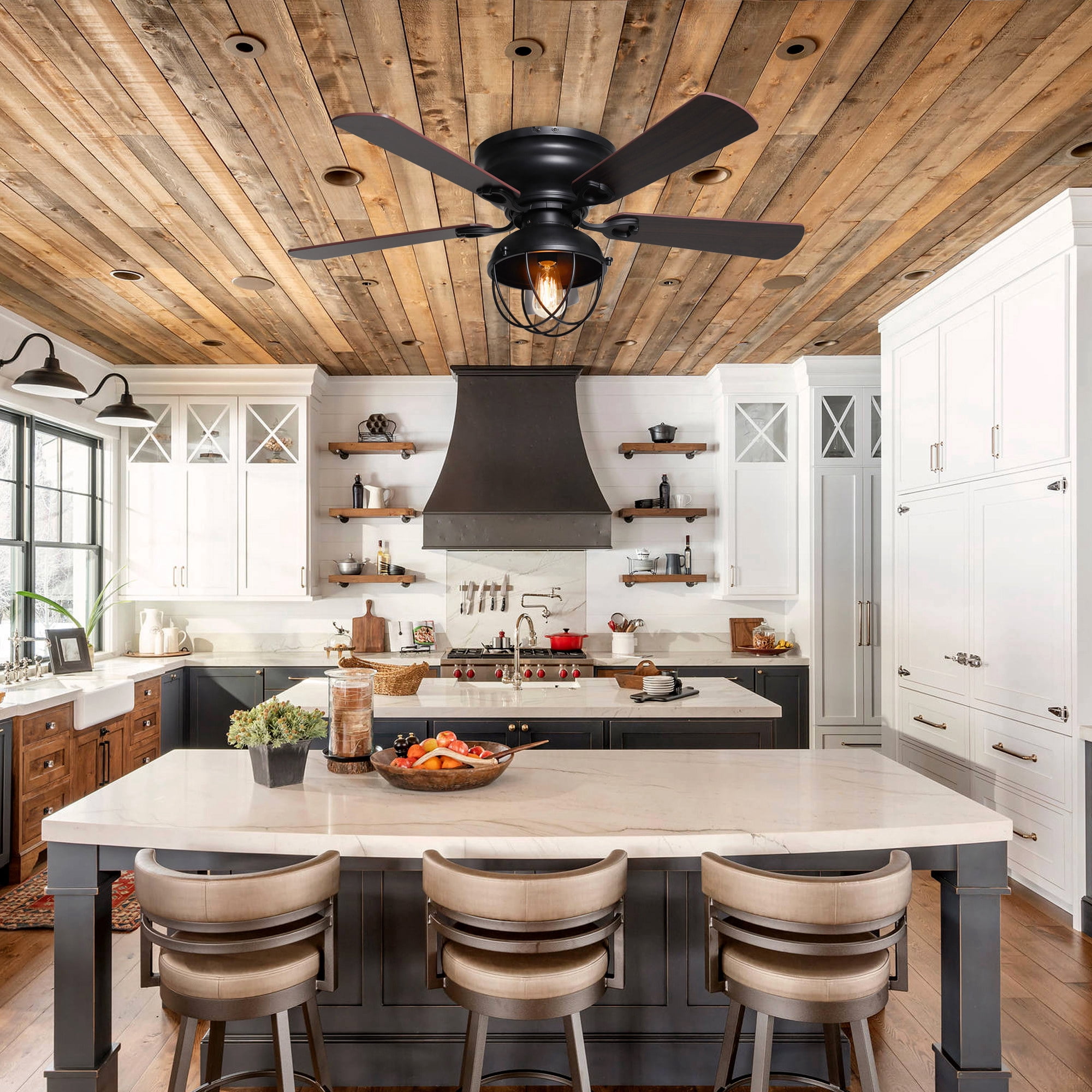 42" Modern Farmhouse Black Caged Flush Mount Ceiling Fan with Light and Remote Control