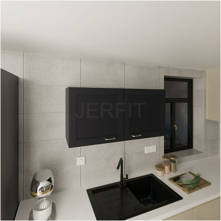 JERFIT 24 Modern Black Wengue Wall Cabinet with 2 Doors & Adjustable Shelf Engineered Wood Storage for Kitchen Bathroom Living Room