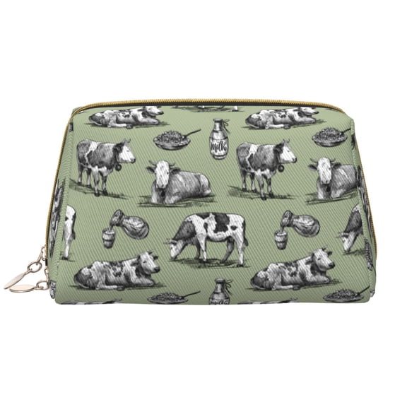 Easygdp Farm Cows Leather Makeup Bag Zipper Pouch Travel Cosmetic Organizer for Women and Girls, Make up Bag with Zipper