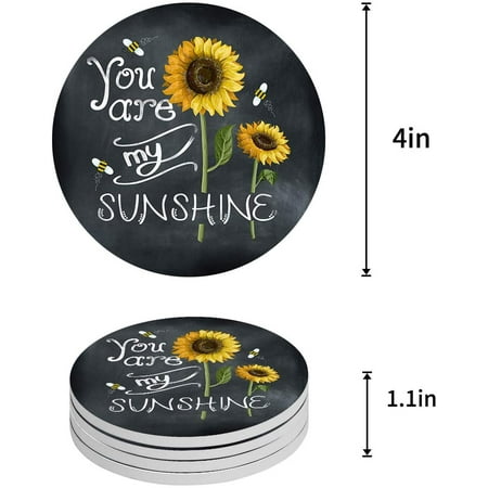 

ZHANZZK Sunflowers You Are My Sunshine Set of 4 Round Coaster for Drinks Absorbent Ceramic Stone Coasters Cup Mat with Cork Base for Home Kitchen Room Coffee Table Bar Decor