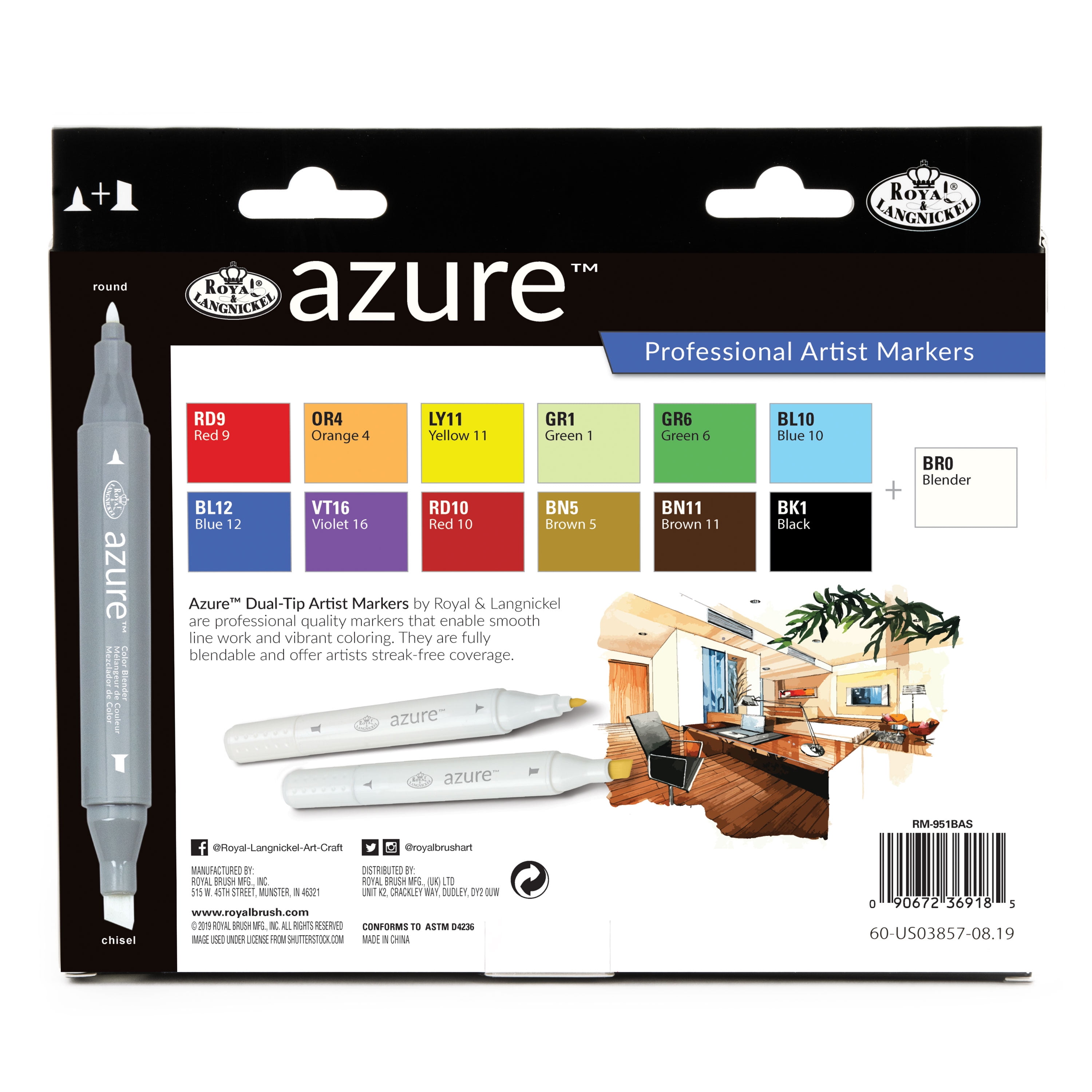 Royal & Langnickel Azure, 13pc Dual-Tip, Alcohol Based Marker Set, Includes  - 12 Markers & 1 Blender, Complexion Colors
