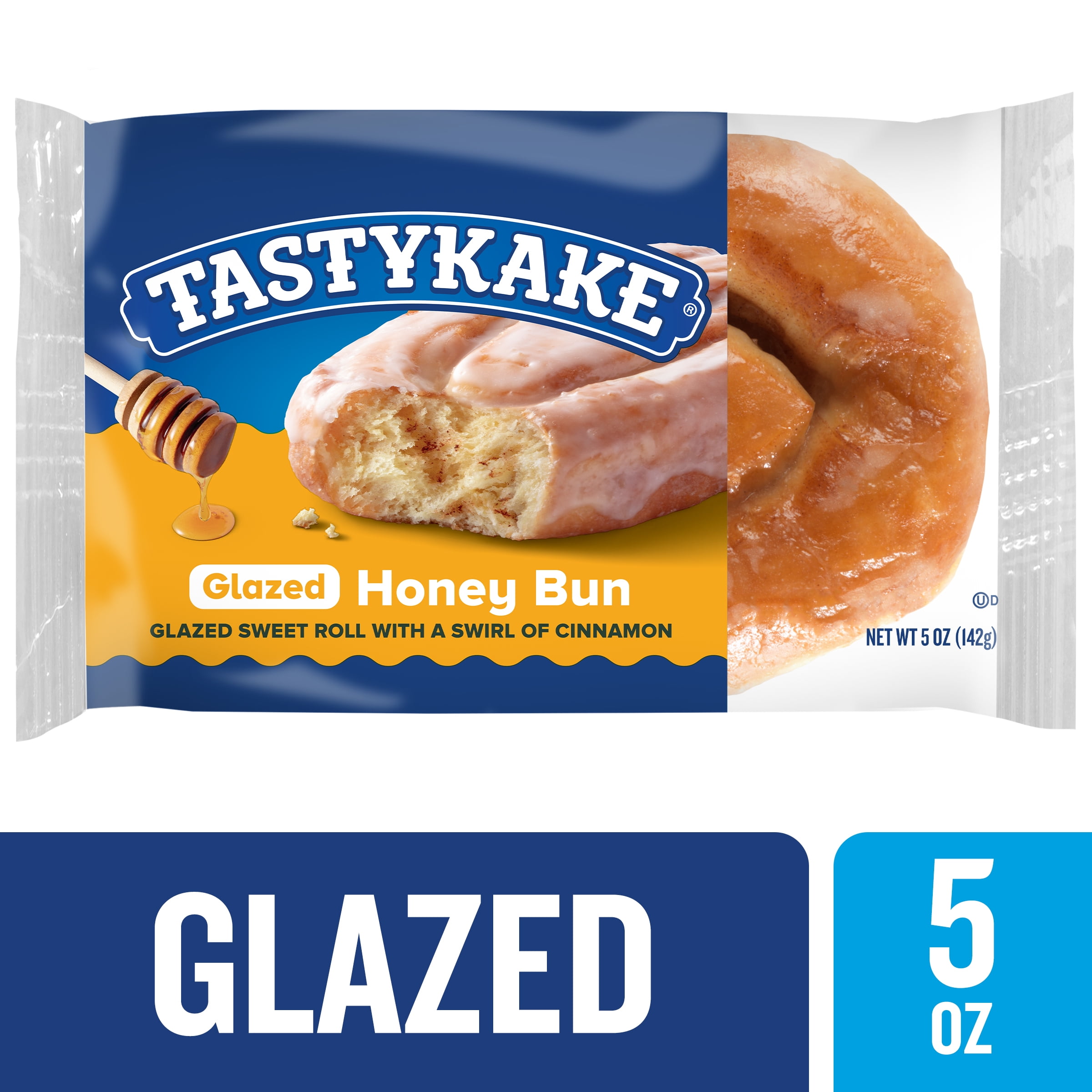 Tastykake Glazed Honey Bun, Individually Wrapped Sweet Glazed Topped Pastry Snack, 5 oz, Shelf-Stable