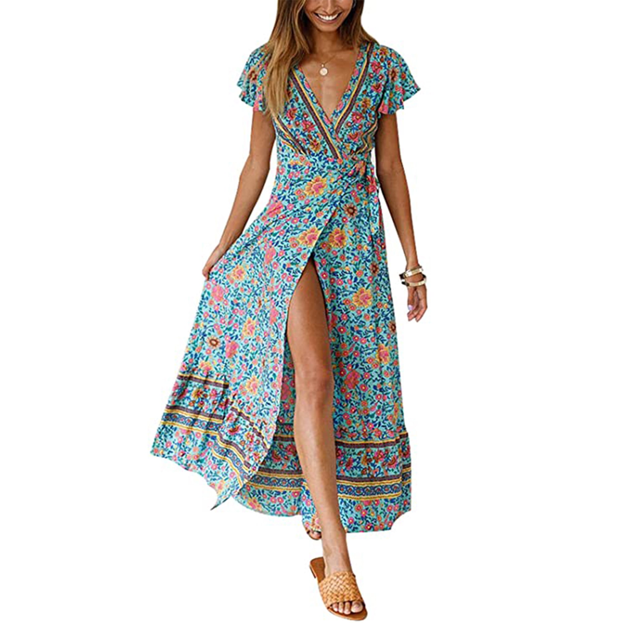 SHIBEVER Casual Wrap Dress for Women Summer Bohemian Floral V Neck Short  Sleeve High Split Maxi Dress