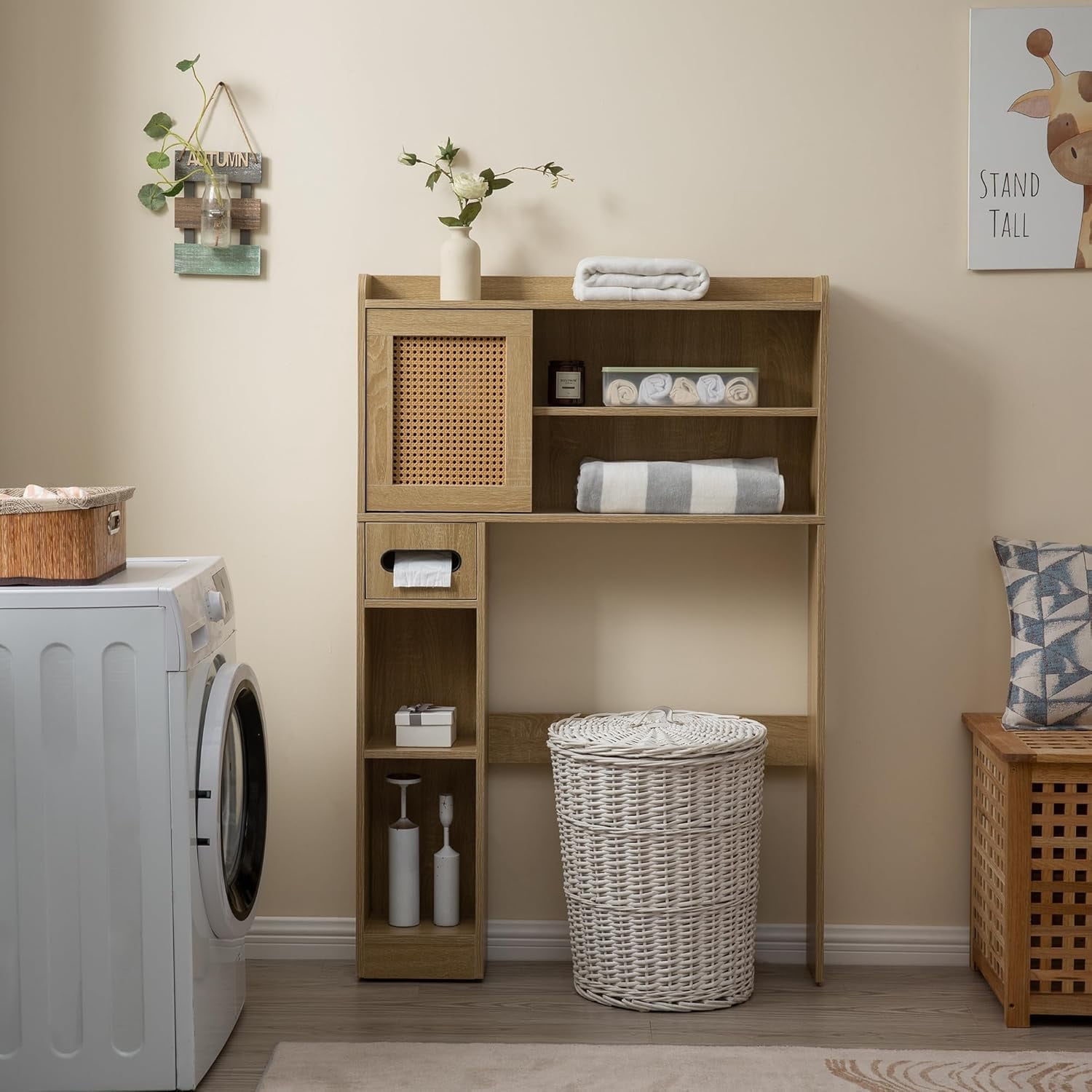 Reliancer 6-Tier Over The Toilet Storage Cabinet, Bathroom Space Saver Organizer Shelves with Sliding Door, Adjustable Shelves