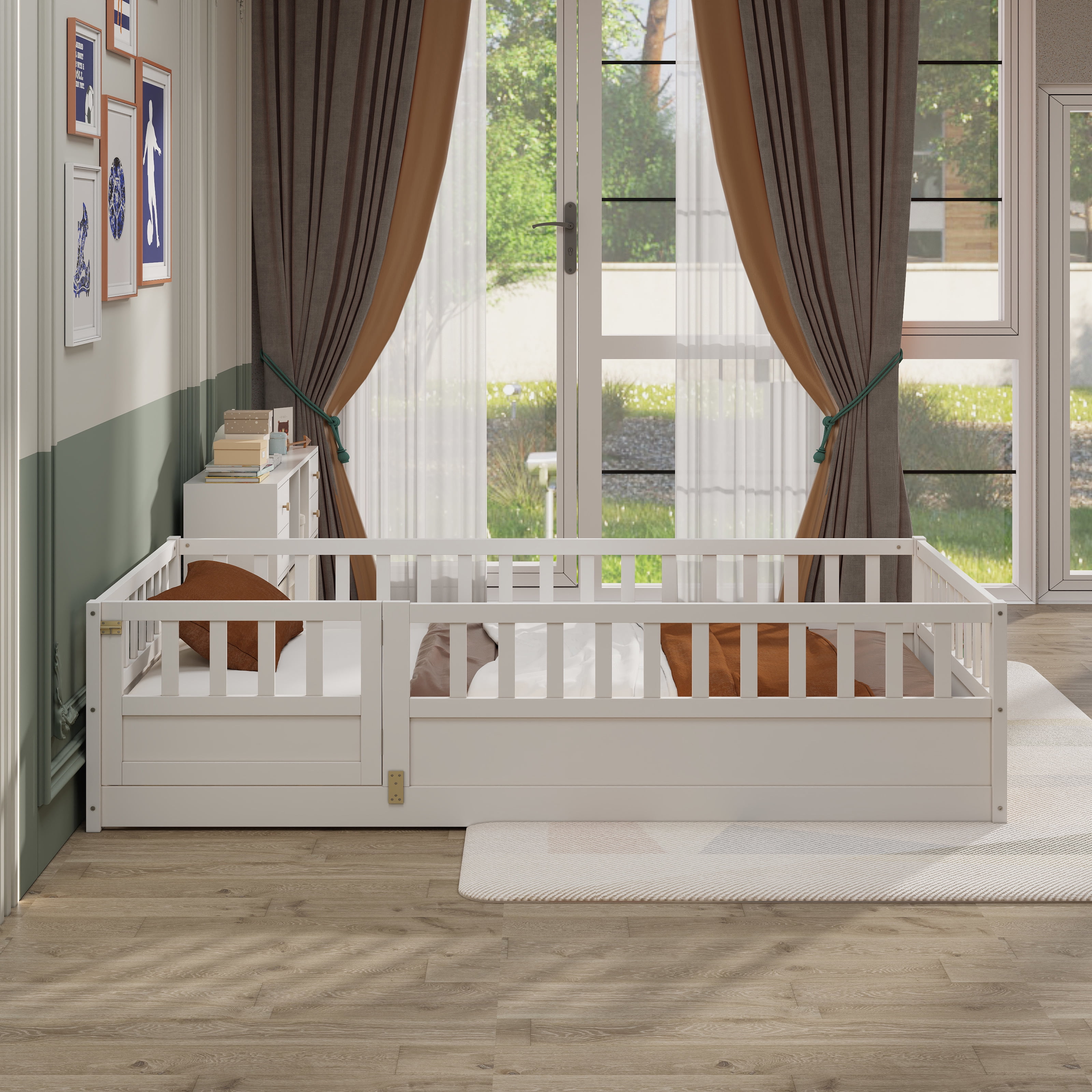 Floor Bed, Low-Profile Bed Frame, Twin Size Bed with Integrated High Safety Barrier and Door, Solid Pine Wood Construction, for Home Use, White
