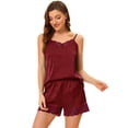 thumbnail image 1 of Lencería sexy de satén para mujer, con ribete de encaje, camisetas, pantalones cortos, pijamas, conjuntos Vino rojo M, 1 of 5