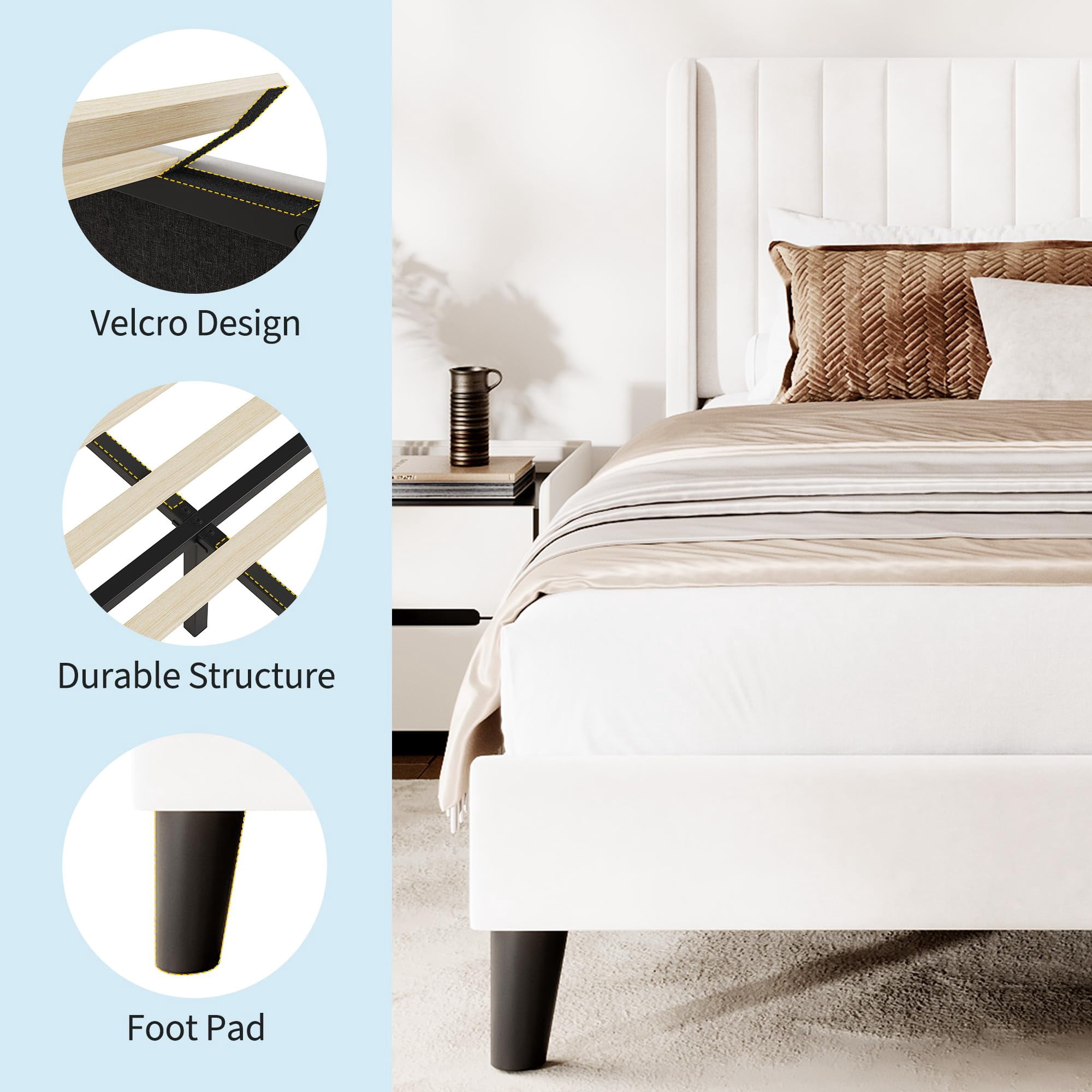 Huisuilinss Queen Bed Frame With Vertical Channel Tufted Wingback Headboard,Full Size Bed Frame,Velvet Upholstered Platform Bed With Wood Slats,No Box Spring Needed,Easy Assembly