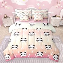 jejeloiu Cute Animal 7pcs Bedding Comforter Set,Kawaii Zoo Panda Queen Bedding Sets,Orange Pink Ombre Queen Sheet Sets For Kids,Microfiber Bedroom Decor Reversible