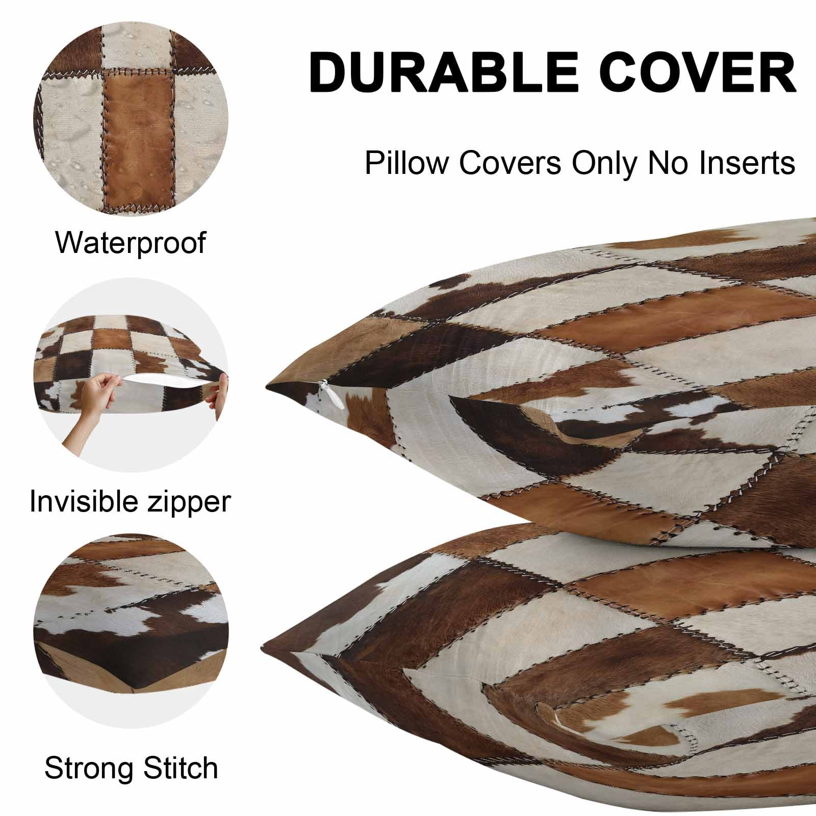 Waterproof Throw Pillow Covers Set of 2, 24x24 Inch Abstract Cowhides Decorative Pillowcases Outdoor Pillow Slip Cushion Covers Set for Couch Tent Brown Beige Animal Fur Texture