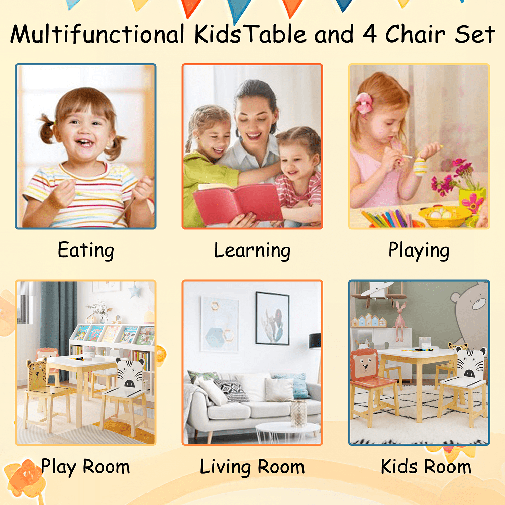 YDSM  5 Piece Kiddy Table and Chair Set , Kids Wood Table with 4 Chairs Set Cartoon Animals (bigger table) (3-8 years old)